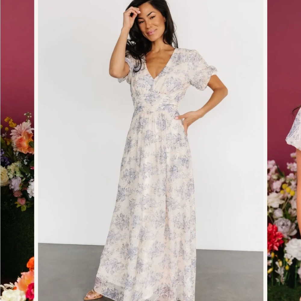 Baltic Born Blue and Cream Flutter Sleeve Maxi Dress